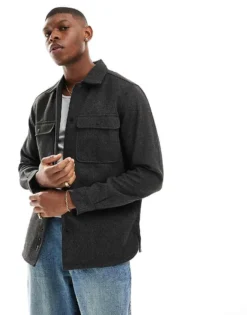 ONLY & SONS Wool Look Overshirt In Charcoal For Men Black