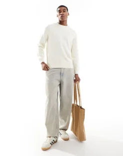 ONLY & SONS Crew Neck Textured Drop Shoulder Jumper In Cream For Men Antique White -Modern Clothing Shop 206317301 4