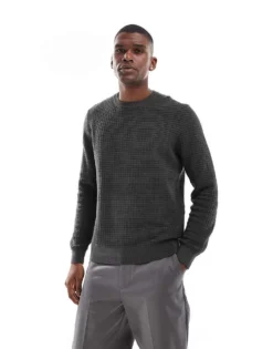 ONLY & SONS Waffle Crew Neck Jumper In Dark Grey For Men Grey Pinstripe