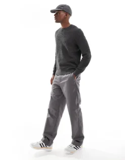 ONLY & SONS Waffle Crew Neck Jumper In Dark Grey For Men Grey Pinstripe -Modern Clothing Shop 206317380 4