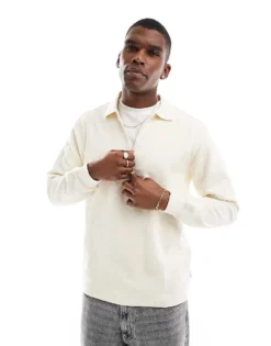 ONLY & SONS Long Sleeve 1/4 Zip Polo Top In Cream For Men Antique White