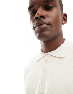 ONLY & SONS Long Sleeve 1/4 Zip Polo Top In Cream For Men Antique White -Modern Clothing Shop 206317413 3