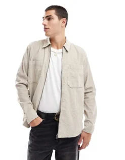 ONLY & SONS Zip Through Cord Overshirt In Stone For Men Silver Lining -Modern Clothing Shop 206317489 1 silverlining 1