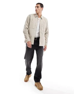 ONLY & SONS Zip Through Cord Overshirt In Stone For Men Silver Lining -Modern Clothing Shop 206317489 3