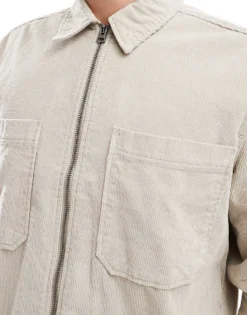 ONLY & SONS Zip Through Cord Overshirt In Stone For Men Silver Lining -Modern Clothing Shop 206317489 4