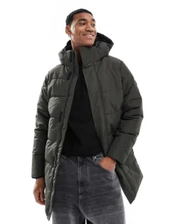 ONLY & SONS Longline Quilted Coat With Hood In Dark Green For Men Peat