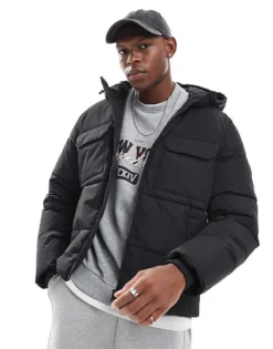 ONLY & SONS Padded Coat With Hood & Utility Pockets In Black For Men