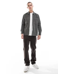 ONLY & SONS Zip Through Cord Overshirt In Dark Khaki For Men Castor Gray -Modern Clothing Shop 206343889 3