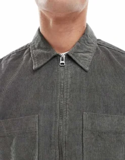 ONLY & SONS Zip Through Cord Overshirt In Dark Khaki For Men Castor Gray -Modern Clothing Shop 206343889 4