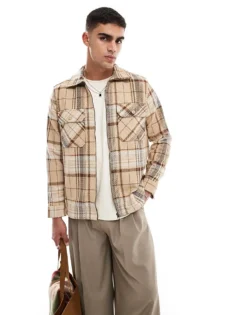 ONLY & SONS Zip Through Wool Look Overshirt In Beige Check For Men Chinchilla -Modern Clothing Shop 206343904 1 chinchilla 1