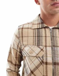 ONLY & SONS Zip Through Wool Look Overshirt In Beige Check For Men Chinchilla -Modern Clothing Shop 206343904 3