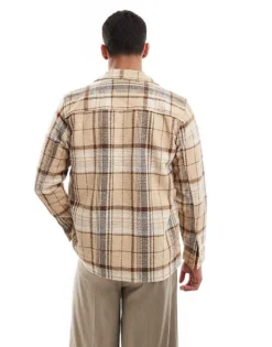 ONLY & SONS Zip Through Wool Look Overshirt In Beige Check For Men Chinchilla -Modern Clothing Shop 206343904 4