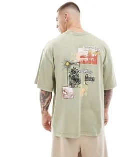 ONLY & SONS Super Oversized T-shirt With Postcard Back Print In Washed Sage For Men Tea
