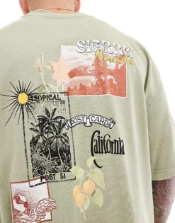 ONLY & SONS Super Oversized T-shirt With Postcard Back Print In Washed Sage For Men Tea -Modern Clothing Shop 206437048 4