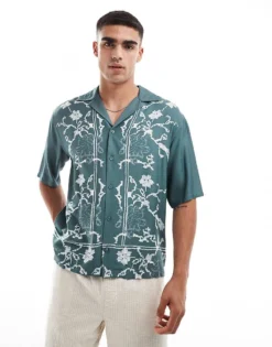 ONLY & SONS Revere Collar Shirt With Floral Boarder Print In Teal For Men Mallard Green -Modern Clothing Shop 206437082 1 mallardgreen 1