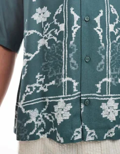 ONLY & SONS Revere Collar Shirt With Floral Boarder Print In Teal For Men Mallard Green -Modern Clothing Shop 206437082 3