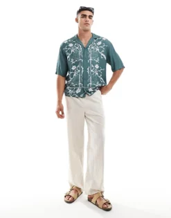 ONLY & SONS Revere Collar Shirt With Floral Boarder Print In Teal For Men Mallard Green -Modern Clothing Shop 206437082 4