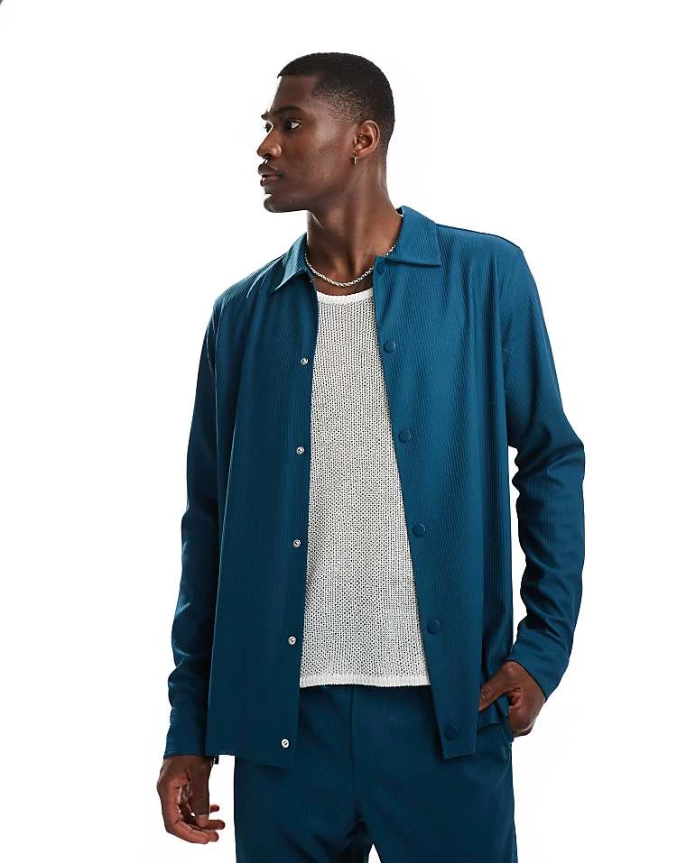 ONLY & SONS Plisse Overshirt & Trousers Co-ord In Dark Teal 2 ONLY & SONS Plisse Overshirt & Trousers Co-ord In Dark Teal - Image 2