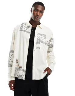 ONLY & SONS Long Sleeve Tile Print Shirt In Stone For Men Cloud Dancer