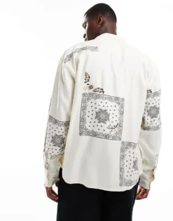 ONLY & SONS Long Sleeve Tile Print Shirt In Stone For Men Cloud Dancer -Modern Clothing Shop 206437290 4