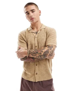 ONLY & SONS Revere Collar Open Knit Shirt In Tan For Men Chinchilla