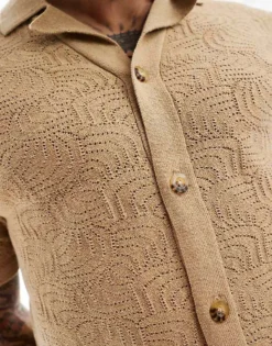 ONLY & SONS Revere Collar Open Knit Shirt In Tan For Men Chinchilla -Modern Clothing Shop 206478050 3