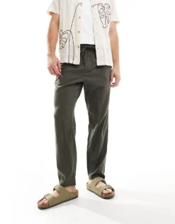 ONLY & SONS Linen Mix Tapered Fit Trousers In Dark Khaki For Men Kambaba