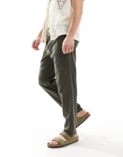 ONLY & SONS Linen Mix Tapered Fit Trousers In Dark Khaki For Men Kambaba -Modern Clothing Shop 206584547 4