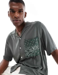 ONLY & SONS Revere Collar Shirt With Paisley Detail In Dark Khaki For Men Kambaba -Modern Clothing Shop 206584613 4