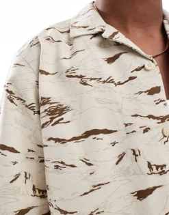 ONLY & SONS Revere Collar Twill Shirt With Tiger Camo Print In Beige For Men -Modern Clothing Shop 206584634 3