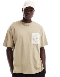 ONLY & SONS Oversize T-shirt With Crochet Pocket In Light Brown For Men Twill -Modern Clothing Shop 206584667 1 twill 1