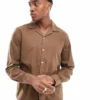ONLY & SONS Long Sleeve Revere Collar Waffle Texture Shirt In Brown For Men Cub