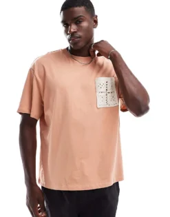 ONLY & SONS Oversize T-shirt With Crochet Pocket In Burnt Orange For Men Cork
