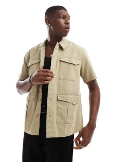 ONLY & SONS 4 Pocket Utility Shirt In Light Brown For Men Twill -Modern Clothing Shop 206584718 1 twill 1