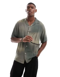 ONLY & SONS Revere Collar Shirt With Distorted Print In Green For Men Dusty Olive