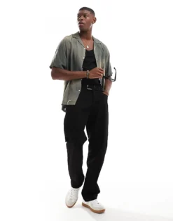 ONLY & SONS Revere Collar Shirt With Distorted Print In Green For Men Dusty Olive -Modern Clothing Shop 206584754 3