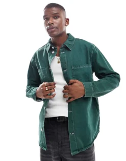 ONLY & SONS Vintage Fit Denim Overshirt In Green For Men -Modern Clothing Shop 206740355 3
