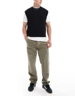 ONLY & SONS Edge Straight Fit Cord Carpenter Jeans In Vintage Green Wash For Men Grey Brown Tint