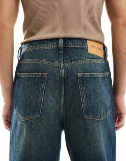 ONLY & SONS Fade Loose Fit Jeans In Vintage Washed Indigo For Men Mid Blue Brown Tint -Modern Clothing Shop 206740495 4
