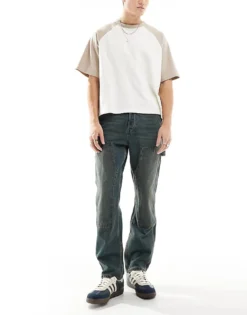 ONLY & SONS Edge Loose Fit Carpenter Jeans In Vintage Mid Blue Wash For Men Mid Blue Green Tint