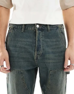 ONLY & SONS Edge Loose Fit Carpenter Jeans In Vintage Mid Blue Wash For Men Mid Blue Green Tint -Modern Clothing Shop 206740622 4