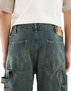 ONLY & SONS Edge Loose Fit Carpenter Jeans In Vintage Mid Blue Wash For Men Mid Blue Green Tint -Modern Clothing Shop 206740622 5