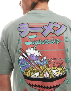 ONLY & SONS Relaxed T-shirt With Noodles Back Print In Khaki For Men Sea Spray -Modern Clothing Shop 206740765 4