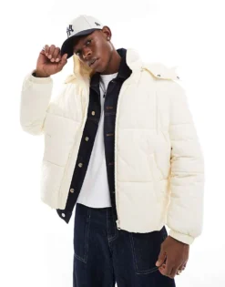 ONLY & SONS Quilted Puffer Jacket With Wide Hood In Off White For Men Antique White