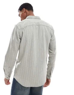 ONLY & SONS Long Sleeve Shirt With Stripe In Sage For Men Fog -Modern Clothing Shop 206870363 4