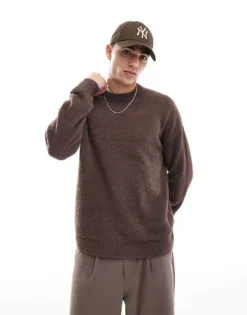 ONLY & SONS Crew Neck Brushed Jumper In Brown For Men Hot Fudge
