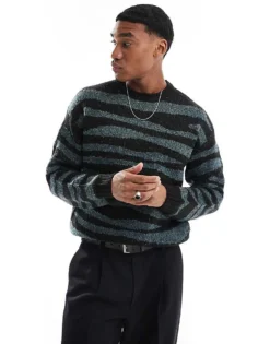 ONLY & SONS Crew Neck Drop Shoulder Jumper With Zebra Stripe In Black For Men -Modern Clothing Shop 206870493 1 black 1