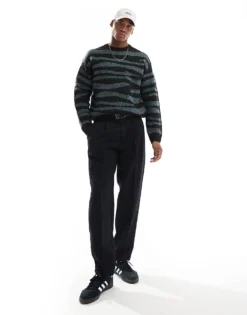 ONLY & SONS Crew Neck Drop Shoulder Jumper With Zebra Stripe In Black For Men -Modern Clothing Shop 206870493 4
