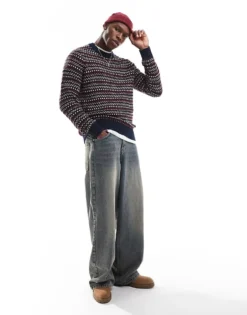 ONLY & SONS Crew Neck Structured Knit Jumper With Stripe In Navy For Men Navy Blazer -Modern Clothing Shop 206870627 4