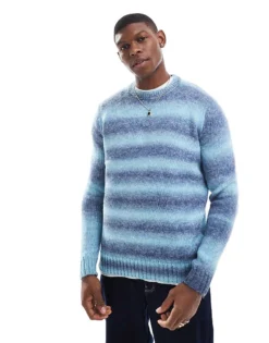 ONLY & SONS Crew Neck Brushed Jumper In Blue Stripe For Men Navy Blazer